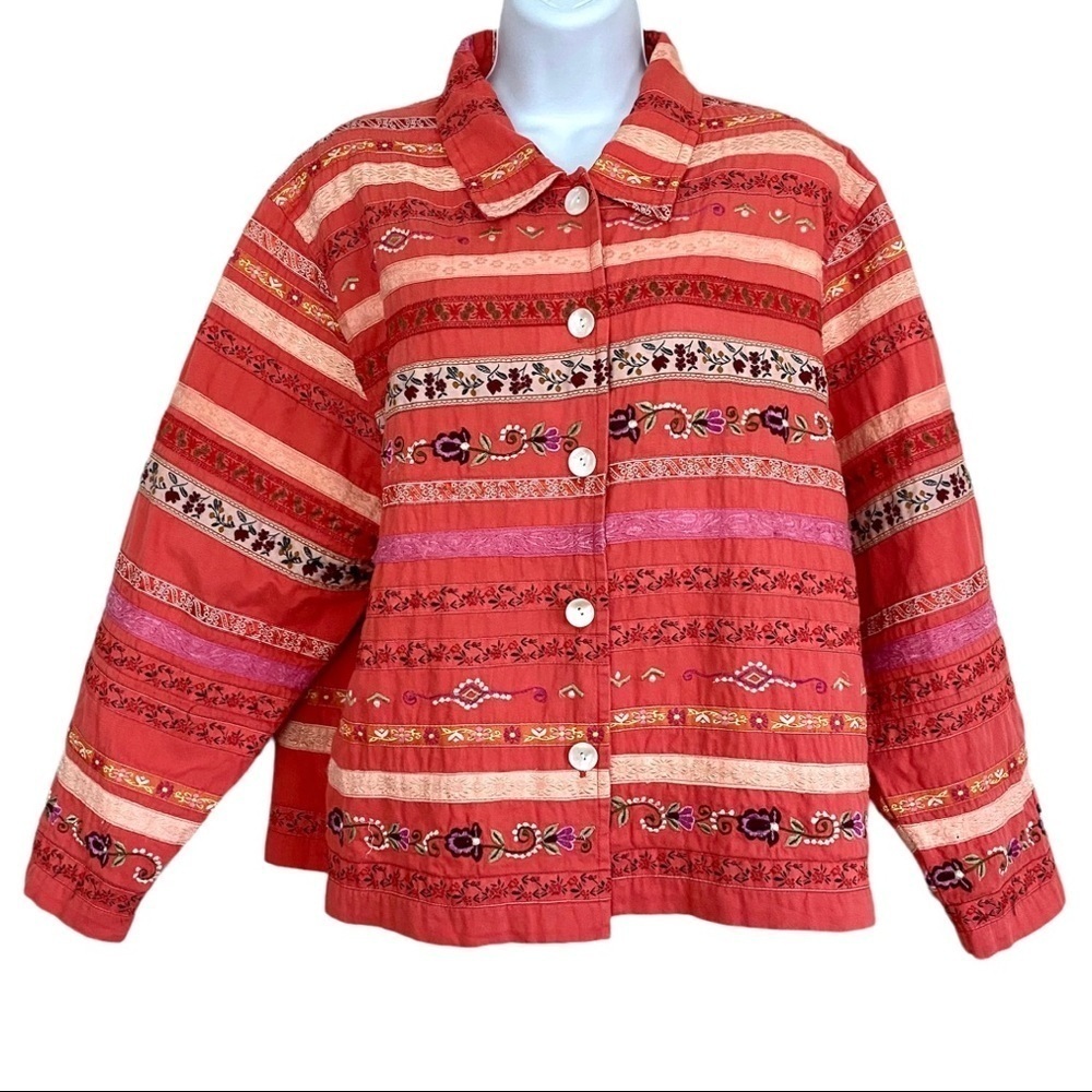 Orange Cotton Blazer Sz Large Embroidered Jacket Boho Lightweight Summer - Picture 2 of 10